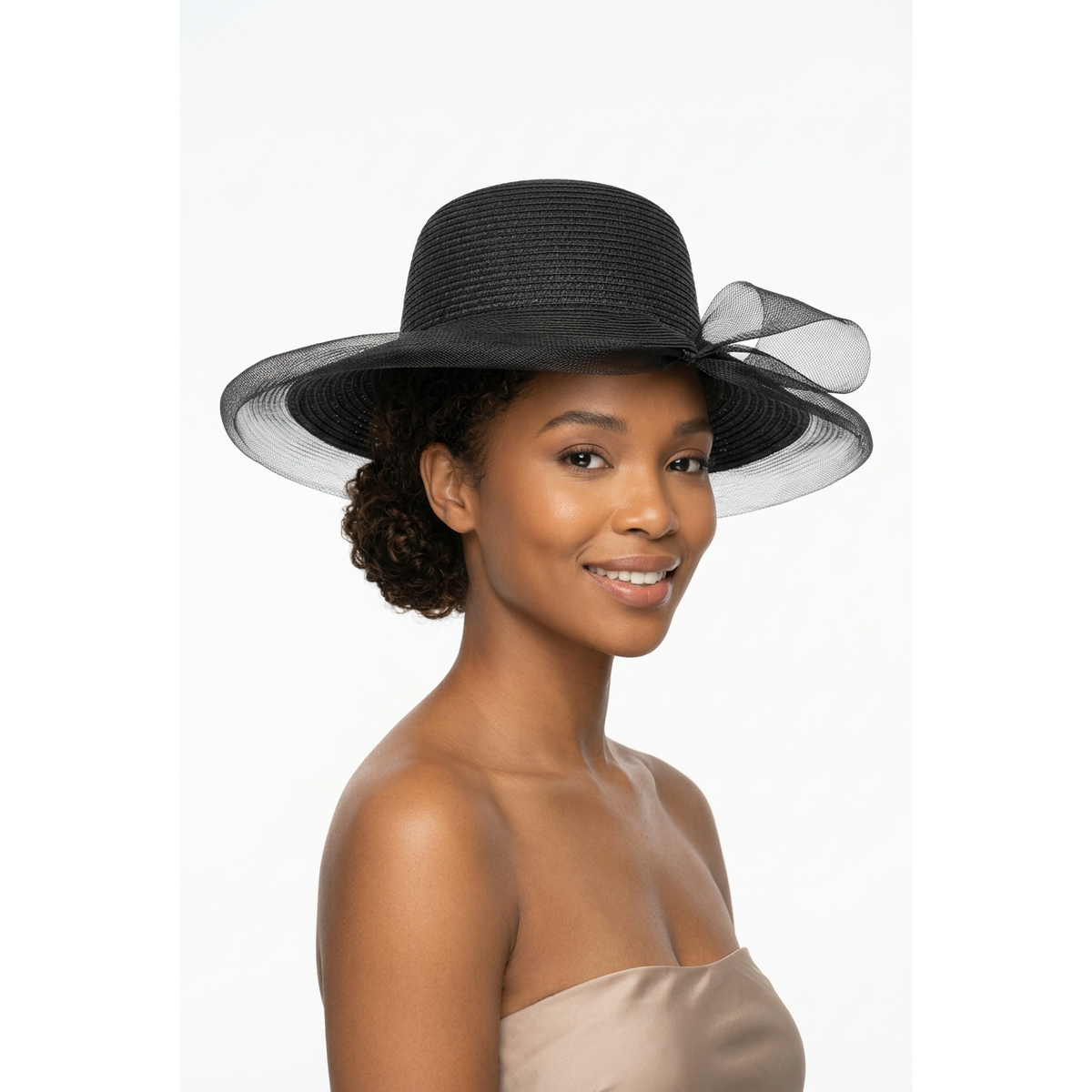 Black Wide-Brim Sun Hat with Organza Mesh & Bow