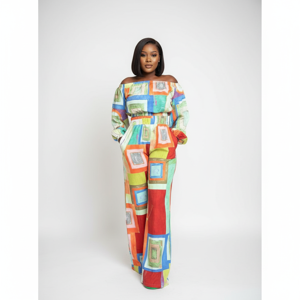 Plus Size Off-Shoulder Detailed Wireless Print 2 Piece Set