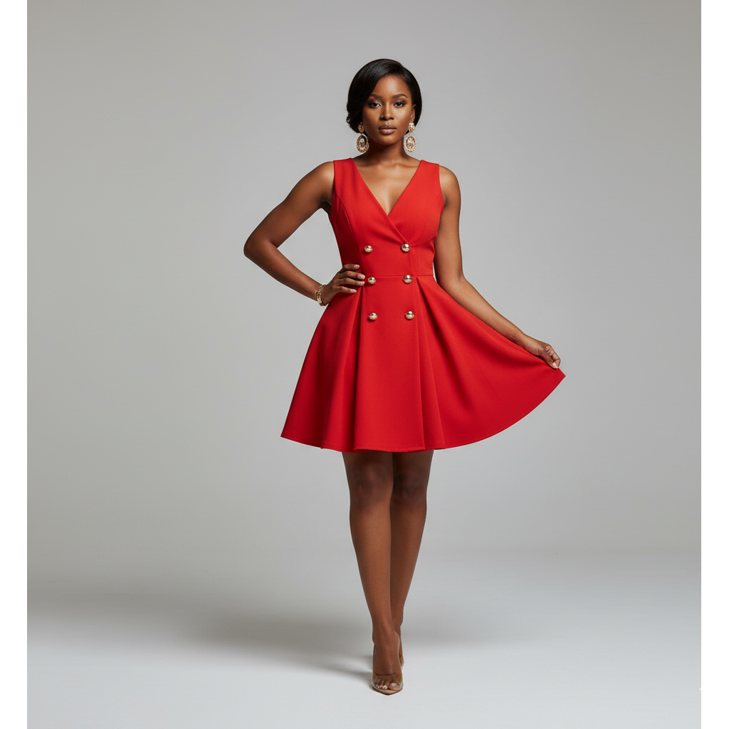 Button Design Pleated Mini Dress