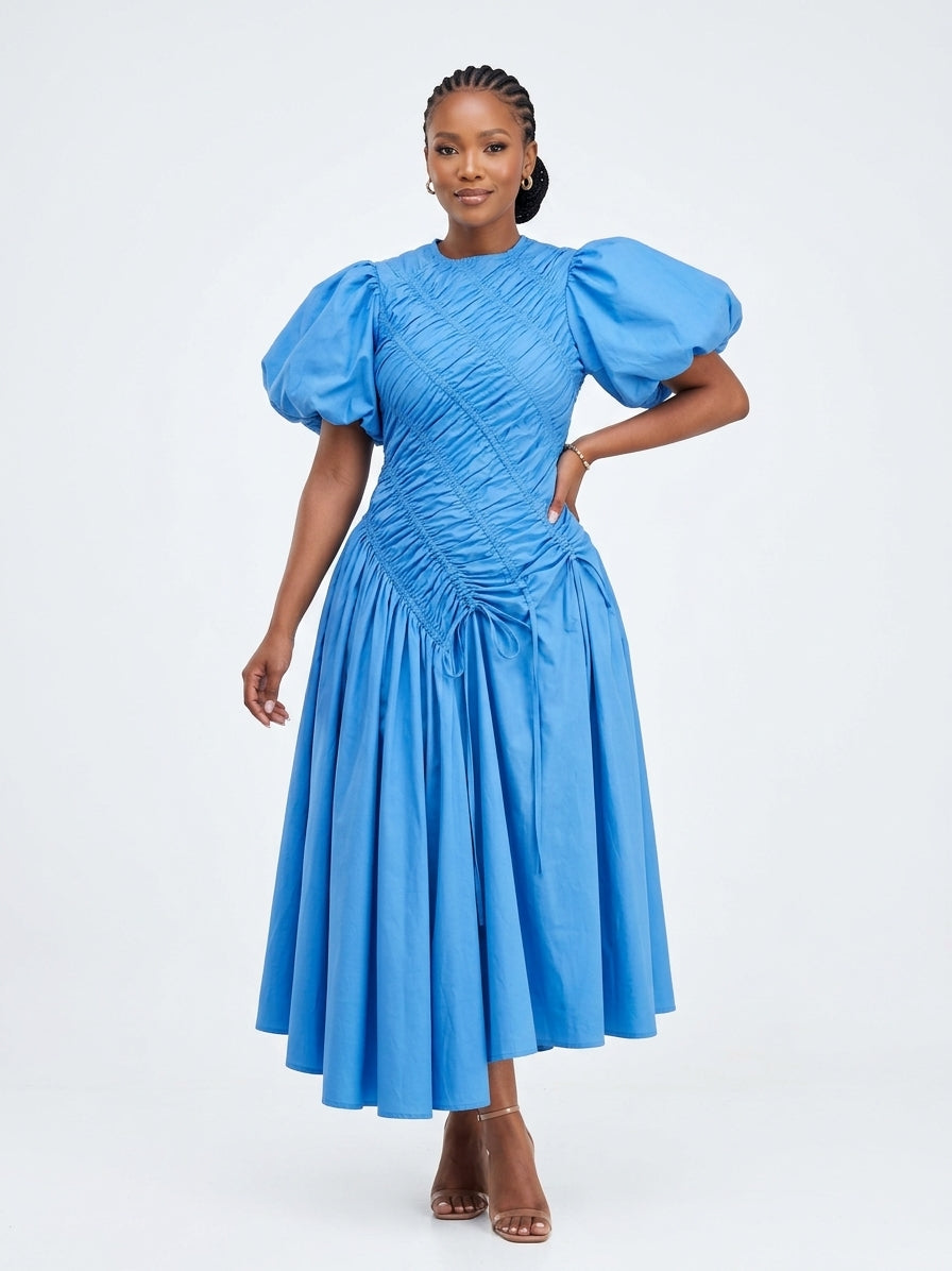 Puff Sleeve Maxi Dress with Asymmetric Drawstring Waist