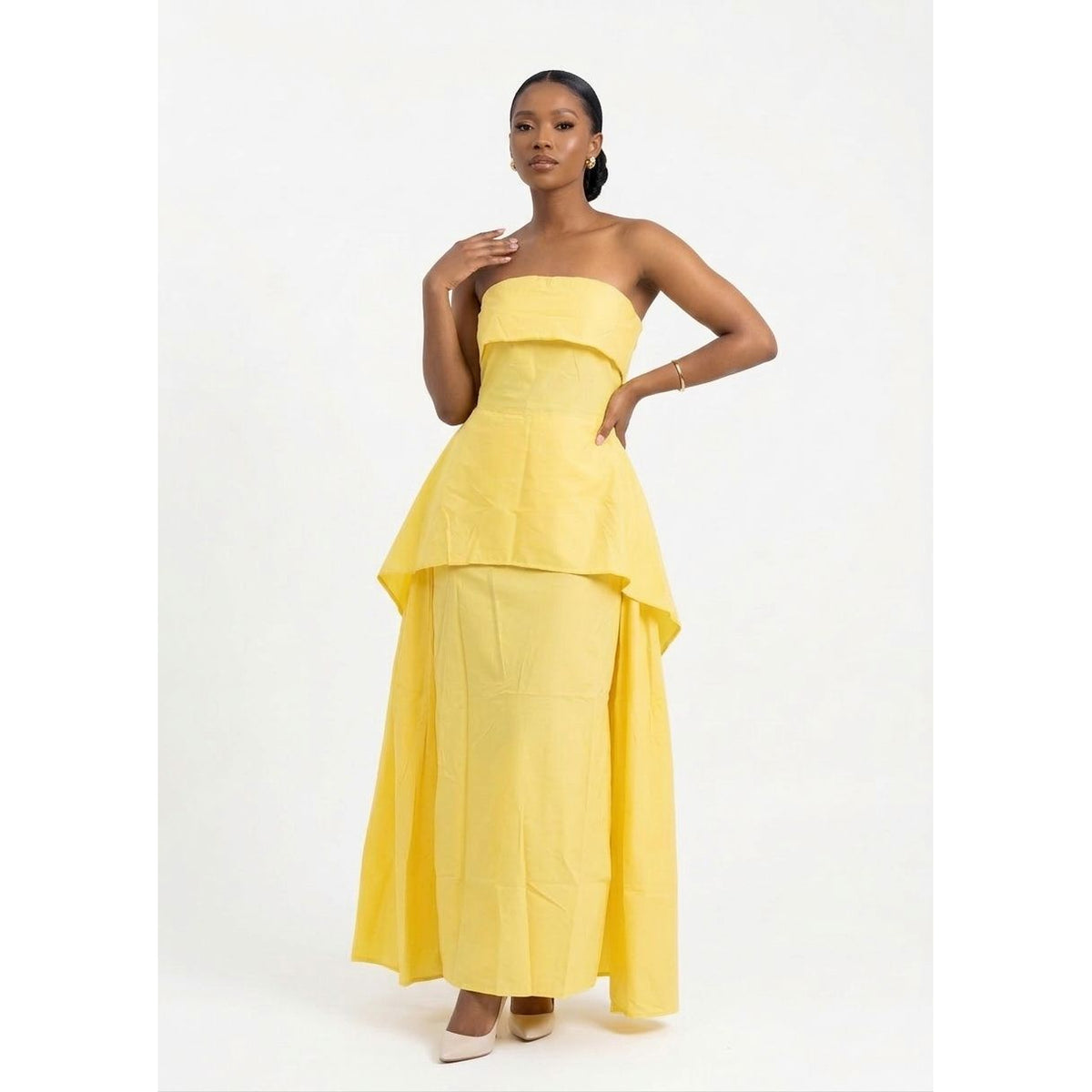Strapless Peplum Maxi Dress with Asymmetric Hem