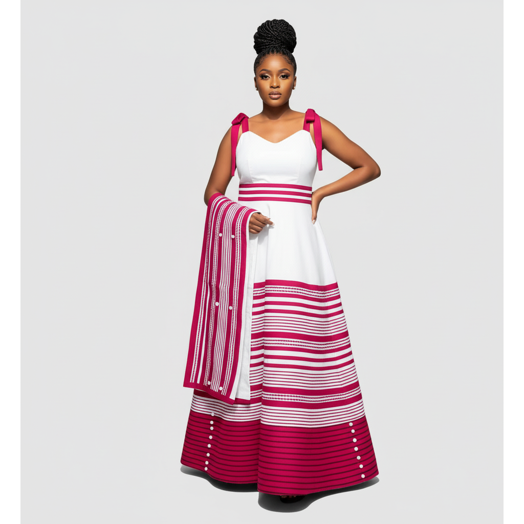 Woman wearing a white and pink striped dress with a matching scarf on a gray background