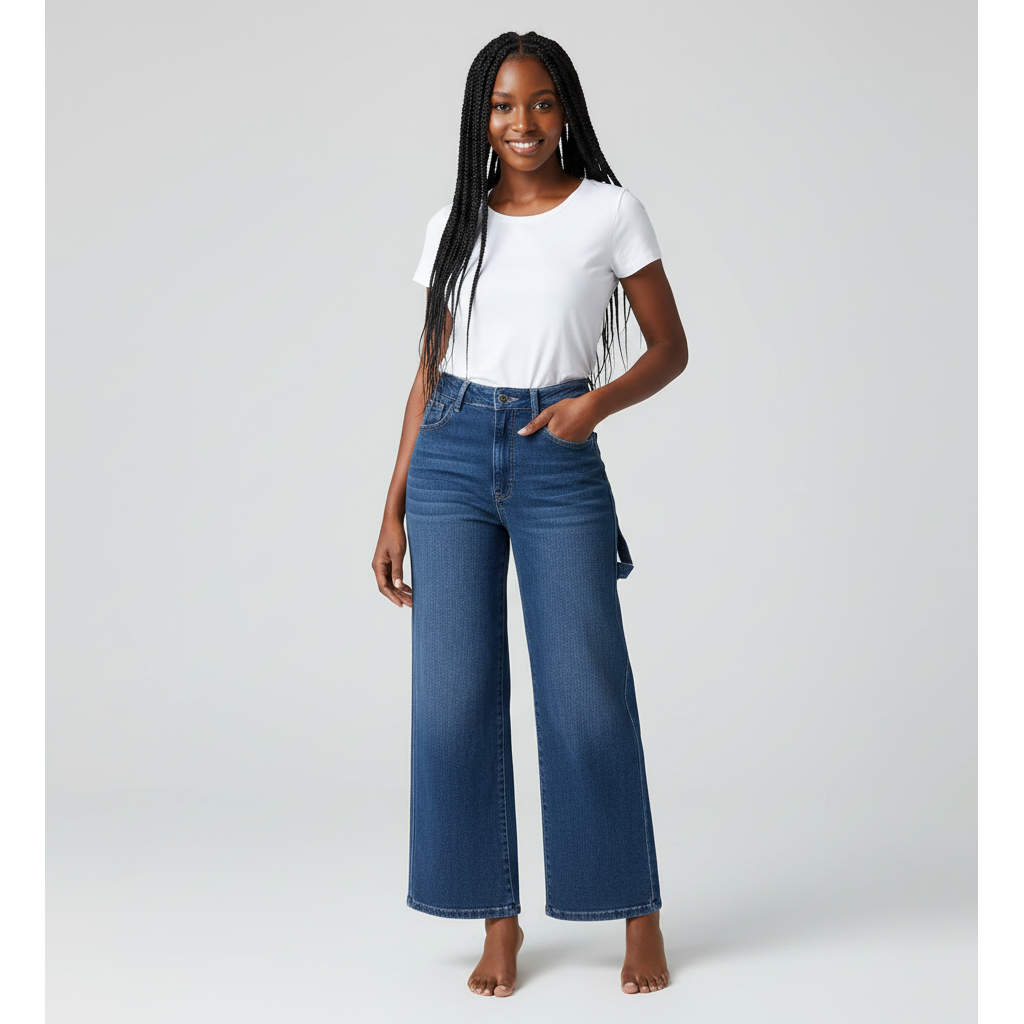 Woman wearing blue jeans and a white top on a light gray background
