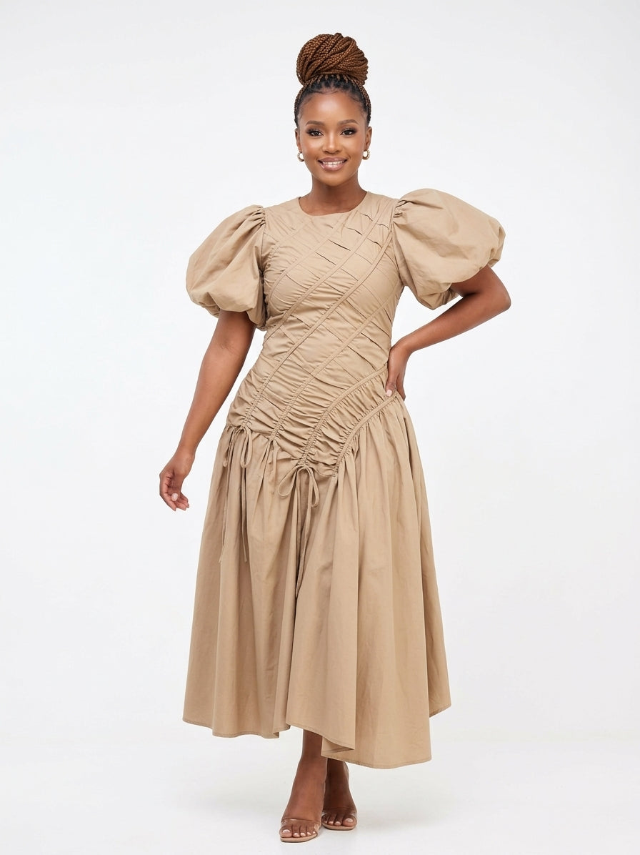 Puff Sleeve Maxi Dress with Asymmetric Drawstring Waist