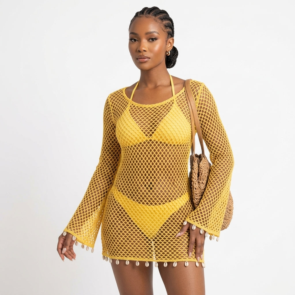 Sheer Lace Beach Cover-Up & Bra Top Mini 3-Piece Set