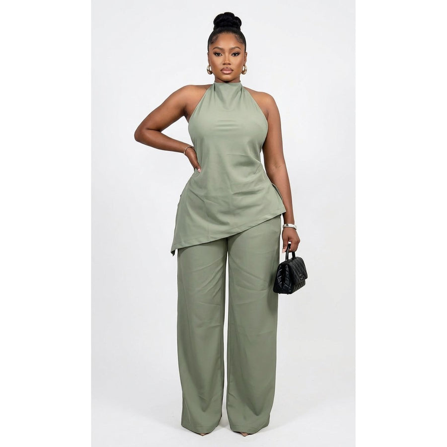 Asymmetric Halter Top and Wide-Leg Trousers Two-Piece Set