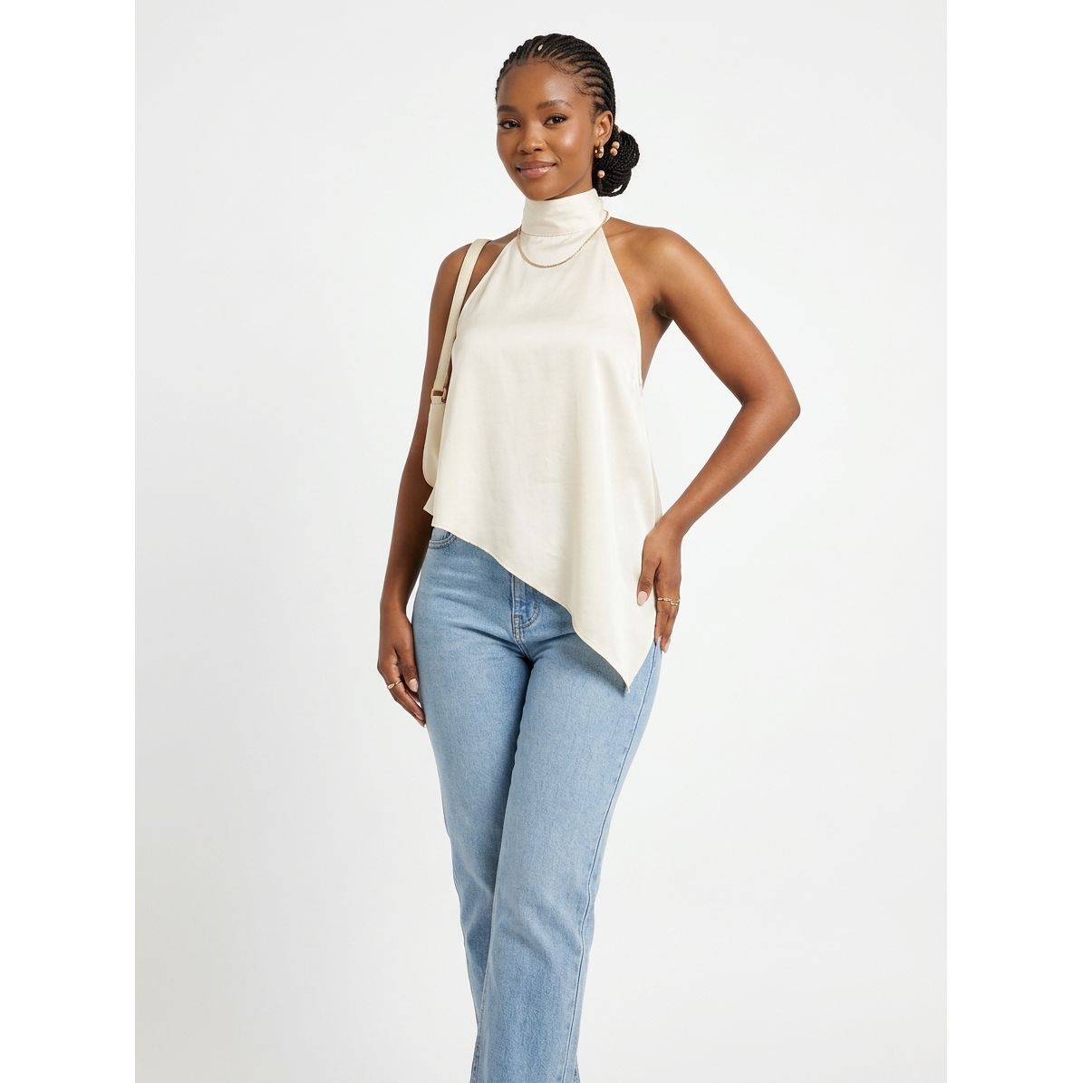 High-Neck Halter Top with Asymmetric Hem