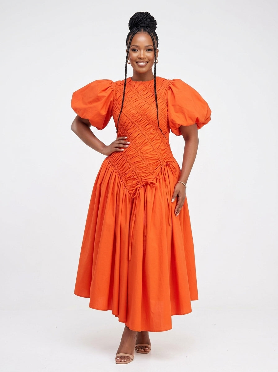 Puff Sleeve Maxi Dress with Asymmetric Drawstring Waist