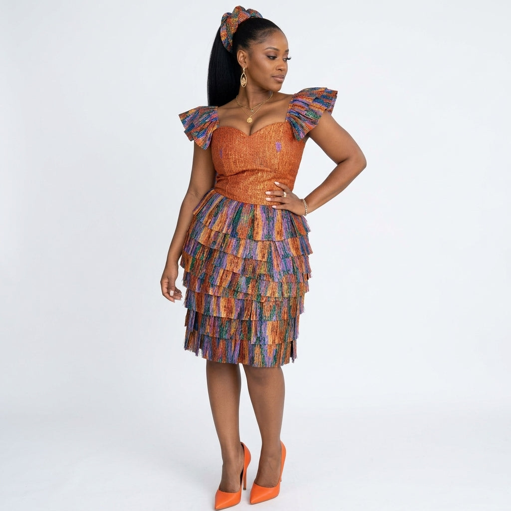 African Print Ruffle Sleeve Tiered Traditional Midi Dress