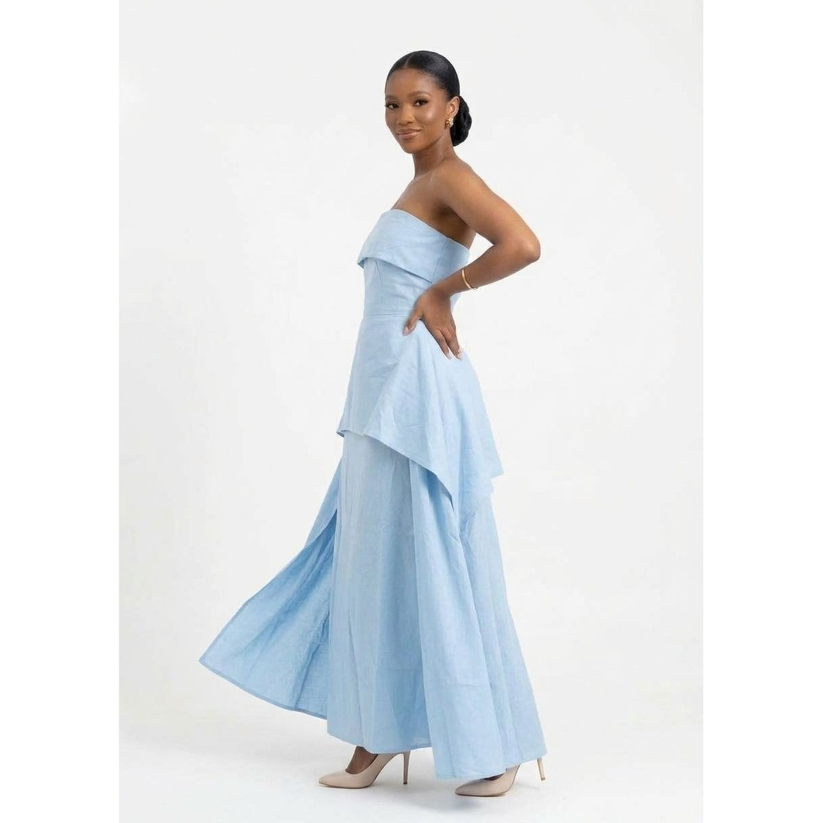 Strapless Peplum Maxi Dress with Asymmetric Hem