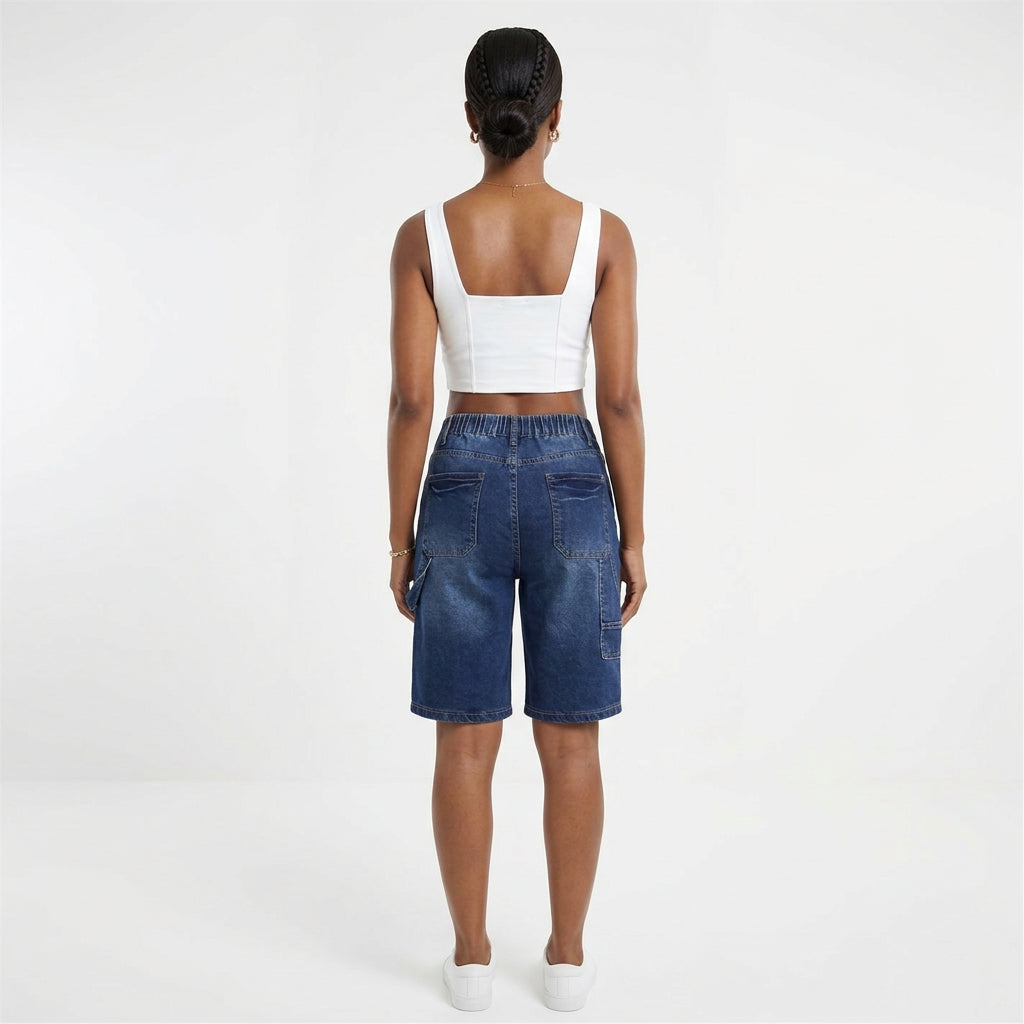 High-Waisted Stretch Denim Bermuda Shorts with Utility Pockets