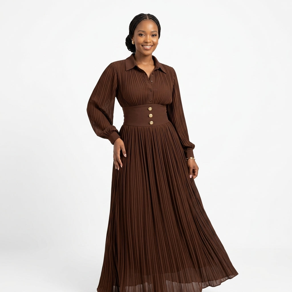 Long Sleeve Collared Pleated Maxi Dress