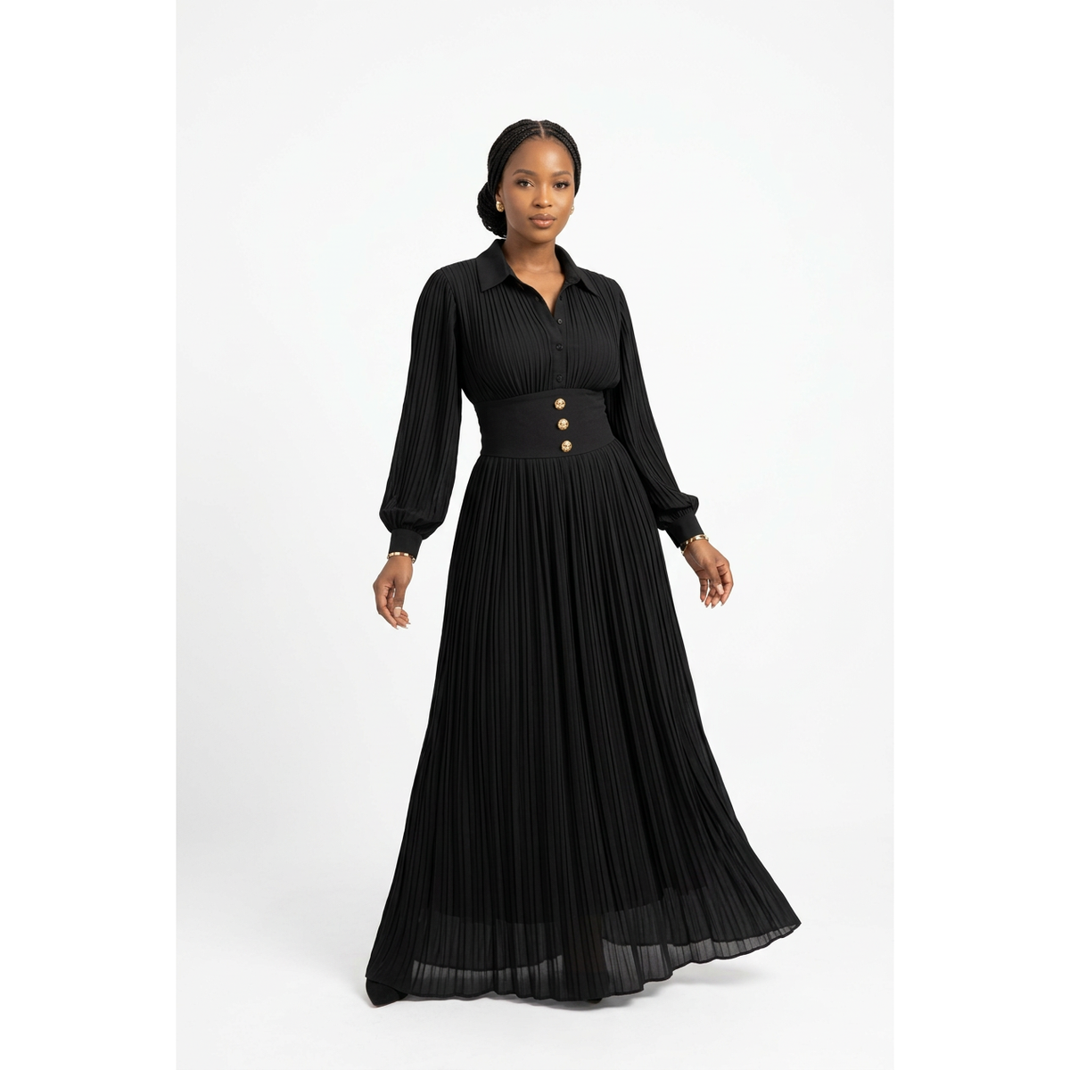 Long Sleeve Collared Pleated Maxi Dress
