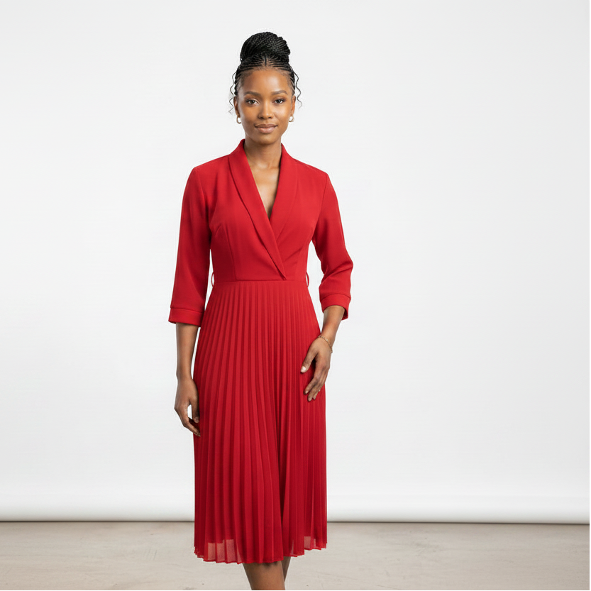 Women's V-Neck Blazer Style Pleated Dress – Office to Evening