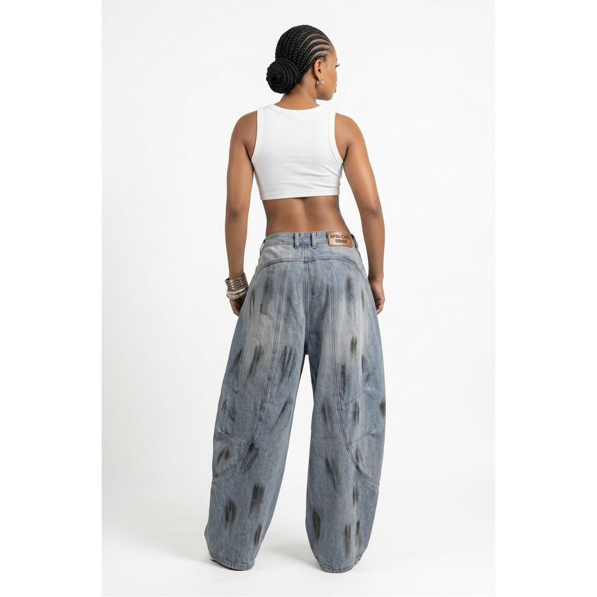 Washed Wide-Leg Jeans with Curved Seam Detail