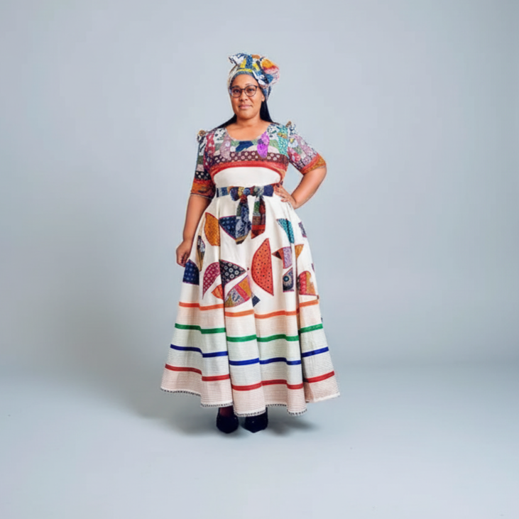 Woman wearing a colorful traditional outfit with a patterned headscarf on a gray background