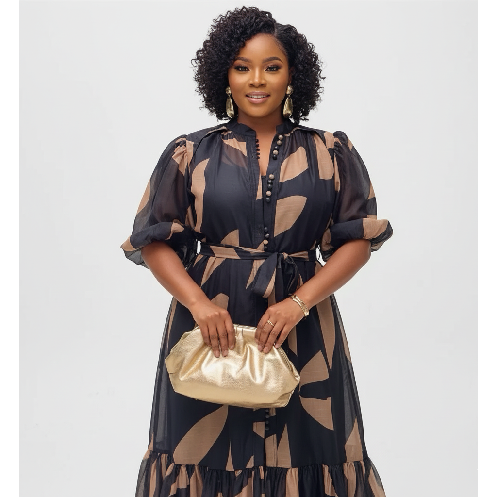 Woman wearing a black and brown patterned dress holding a gold clutch against a white background