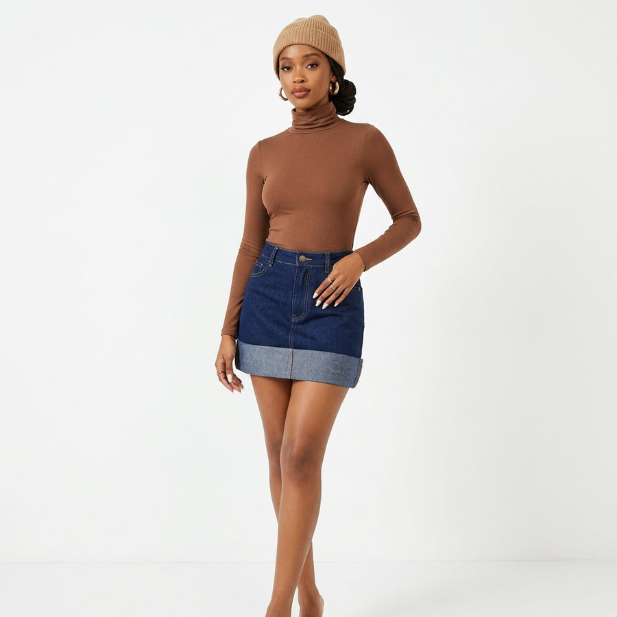 Dark Blue Denim Mini Skirt with Turn-Up Hem