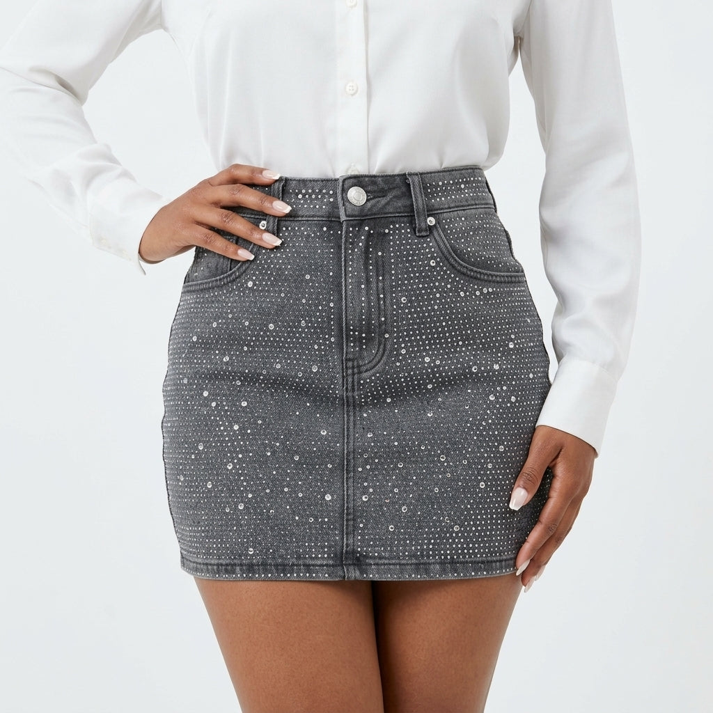 Grey Rhinestone-Embellished Denim Mini Skirt