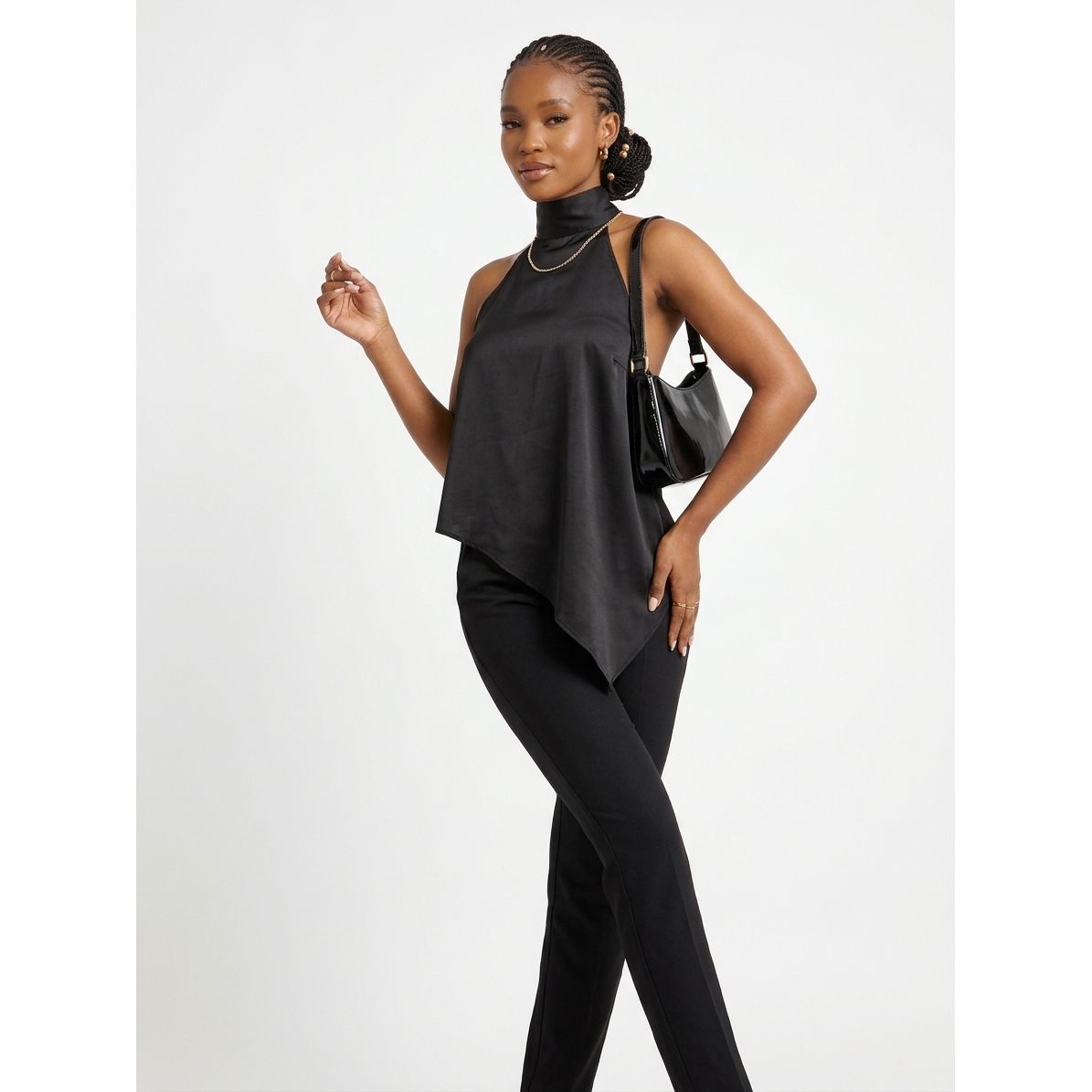 High-Neck Halter Top with Asymmetric Hem