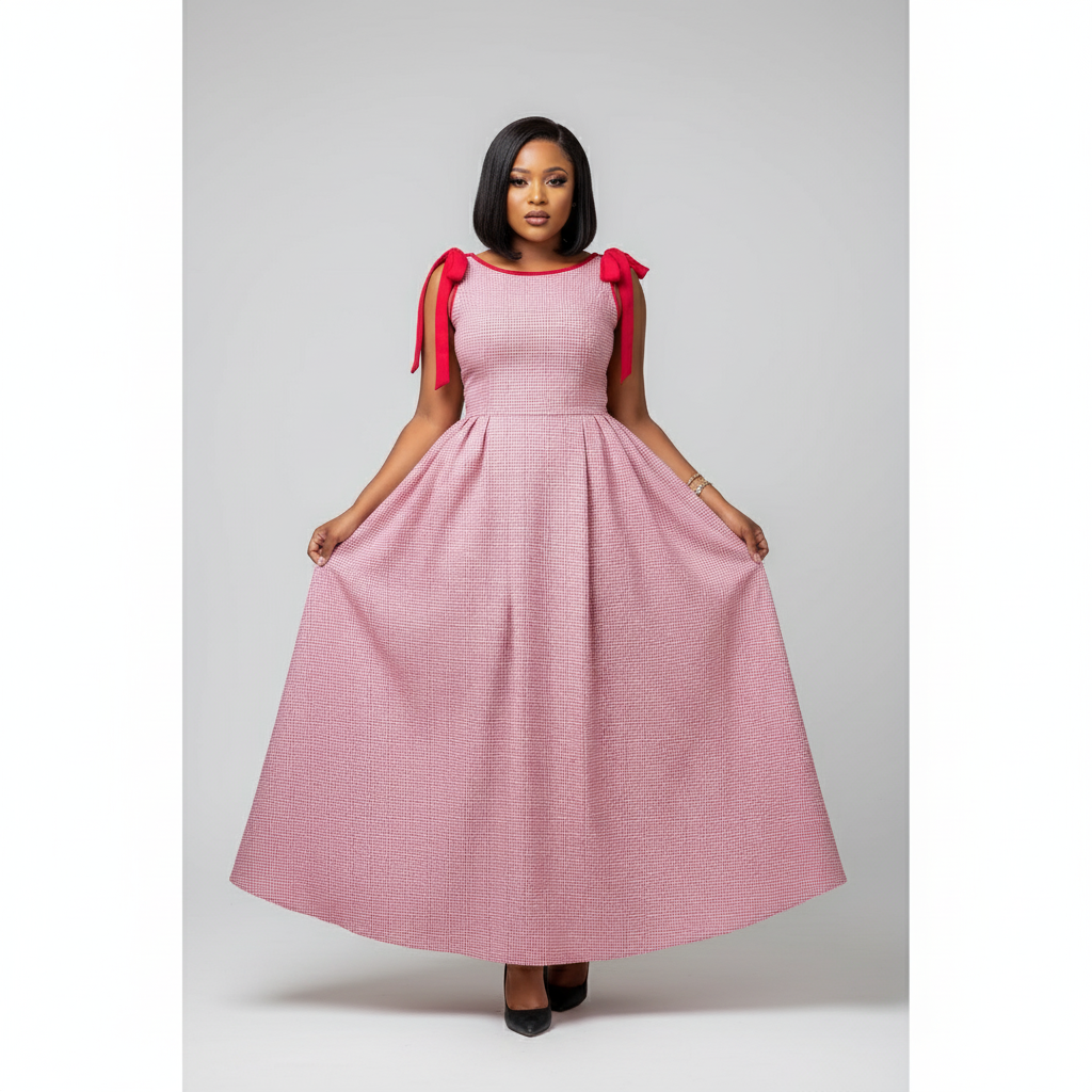 Woman wearing a pink dress with red accents on a gray background