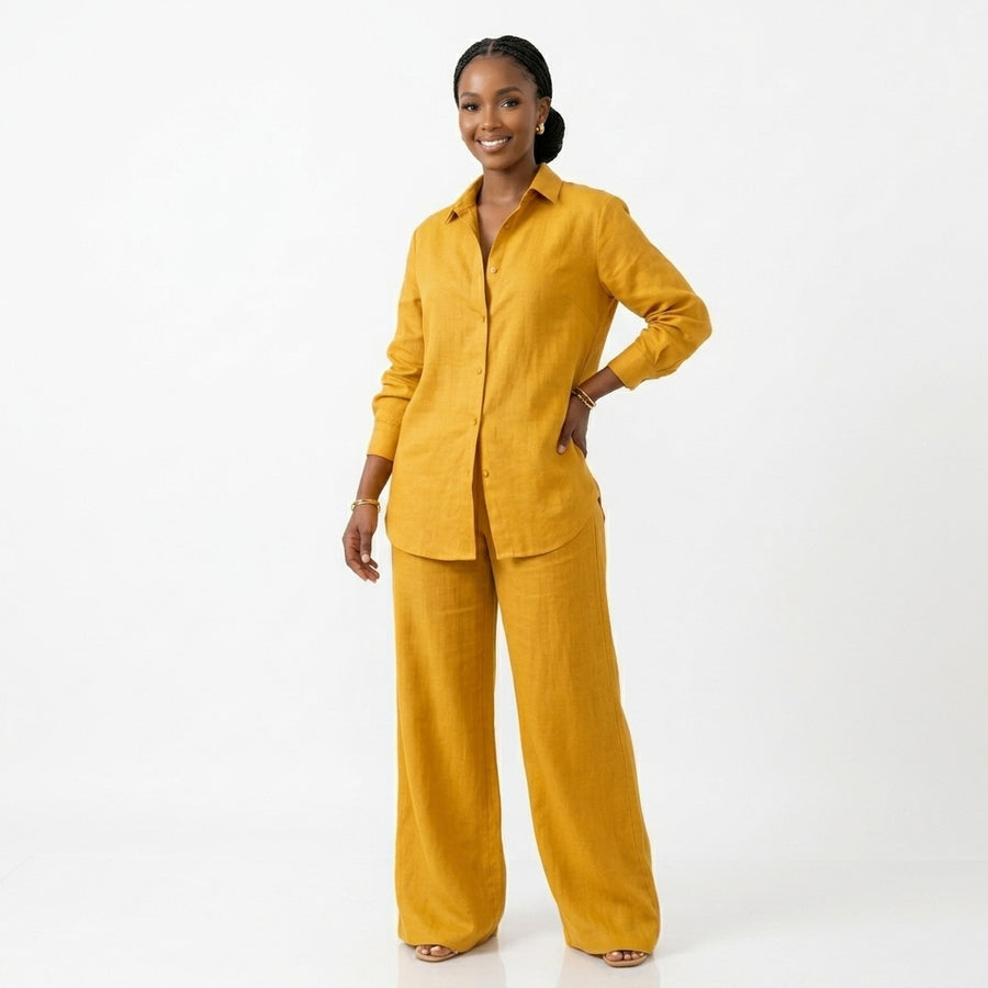Women's Two-Piece Button-Up Shirt & Wide-Leg Trouser Set