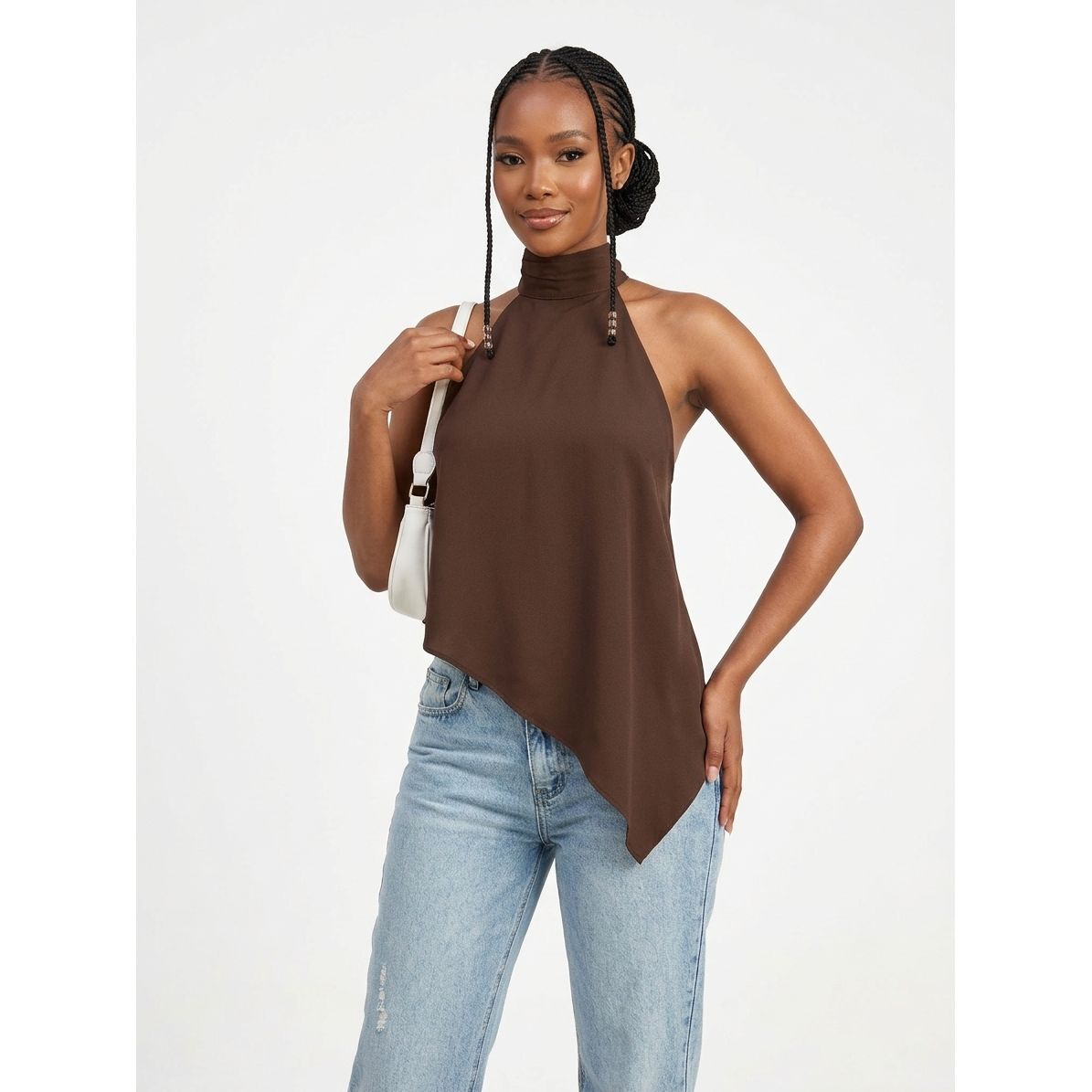 High-Neck Halter Top with Asymmetric Hem