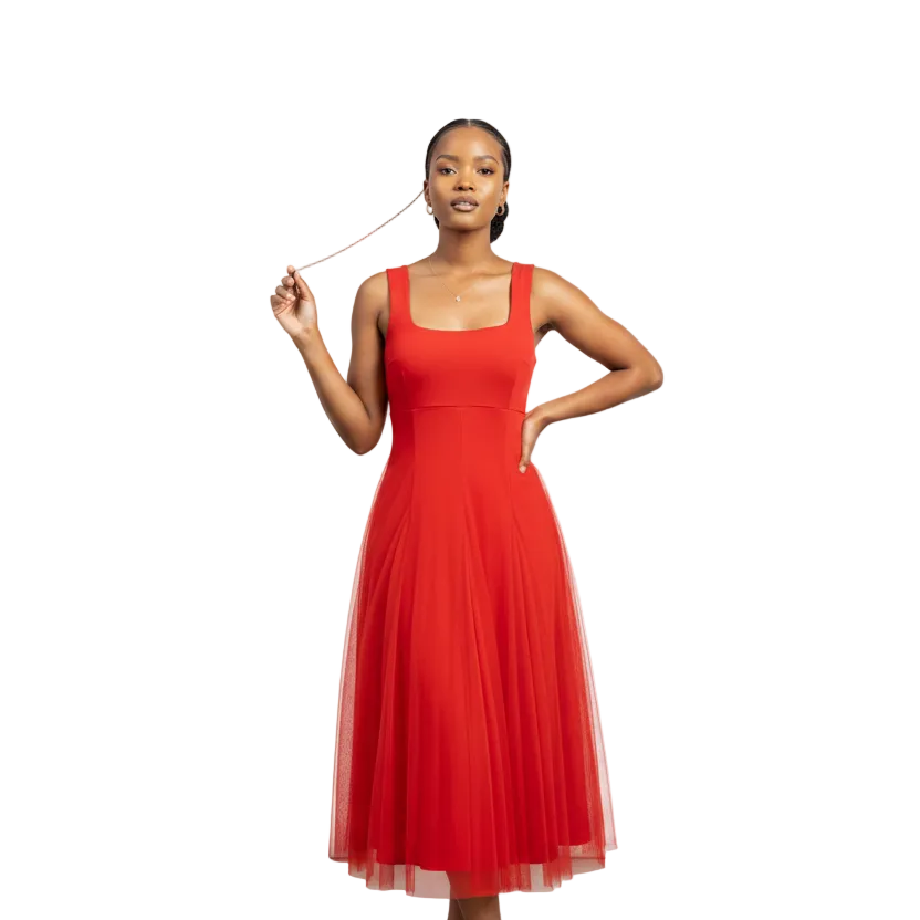 Square Neck Sleeveless Plain Colour Midi Dress