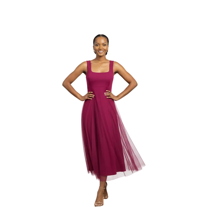 Square Neck Sleeveless Plain Colour Midi Dress