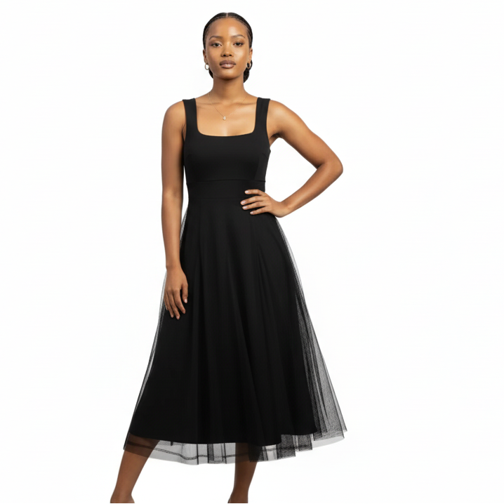 Square Neck Sleeveless Plain Colour Midi Dress