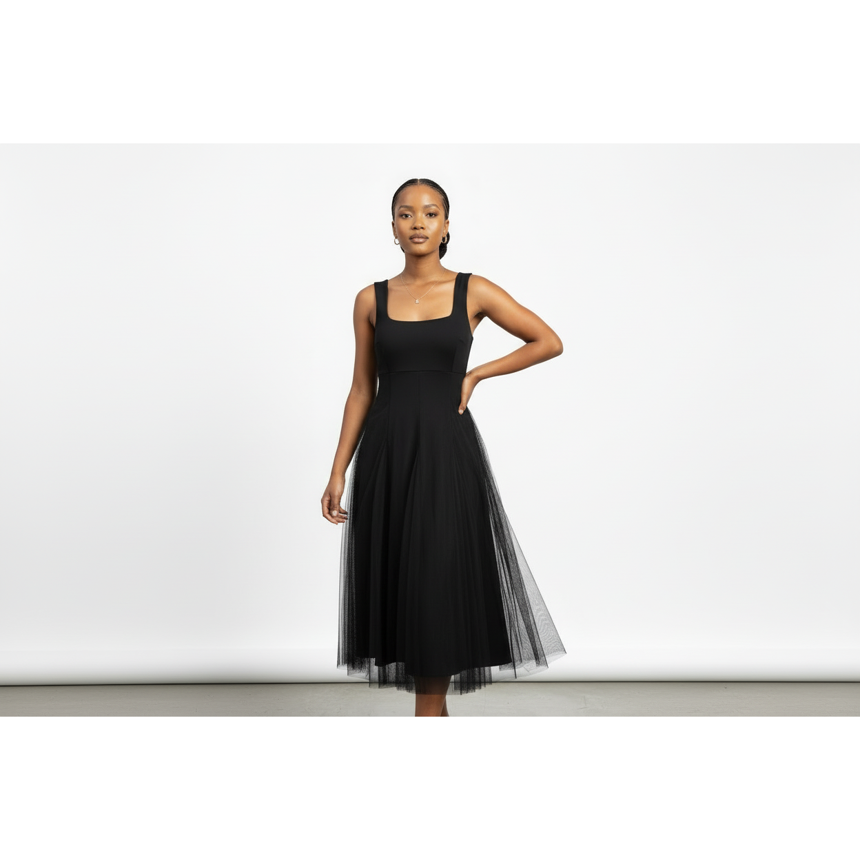 Square Neck Sleeveless Plain Colour Midi Dress