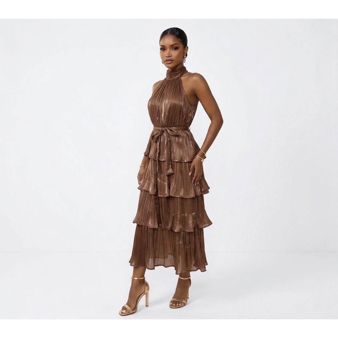 High-Neck Halter Tiered Midi Dress with Tie Waist