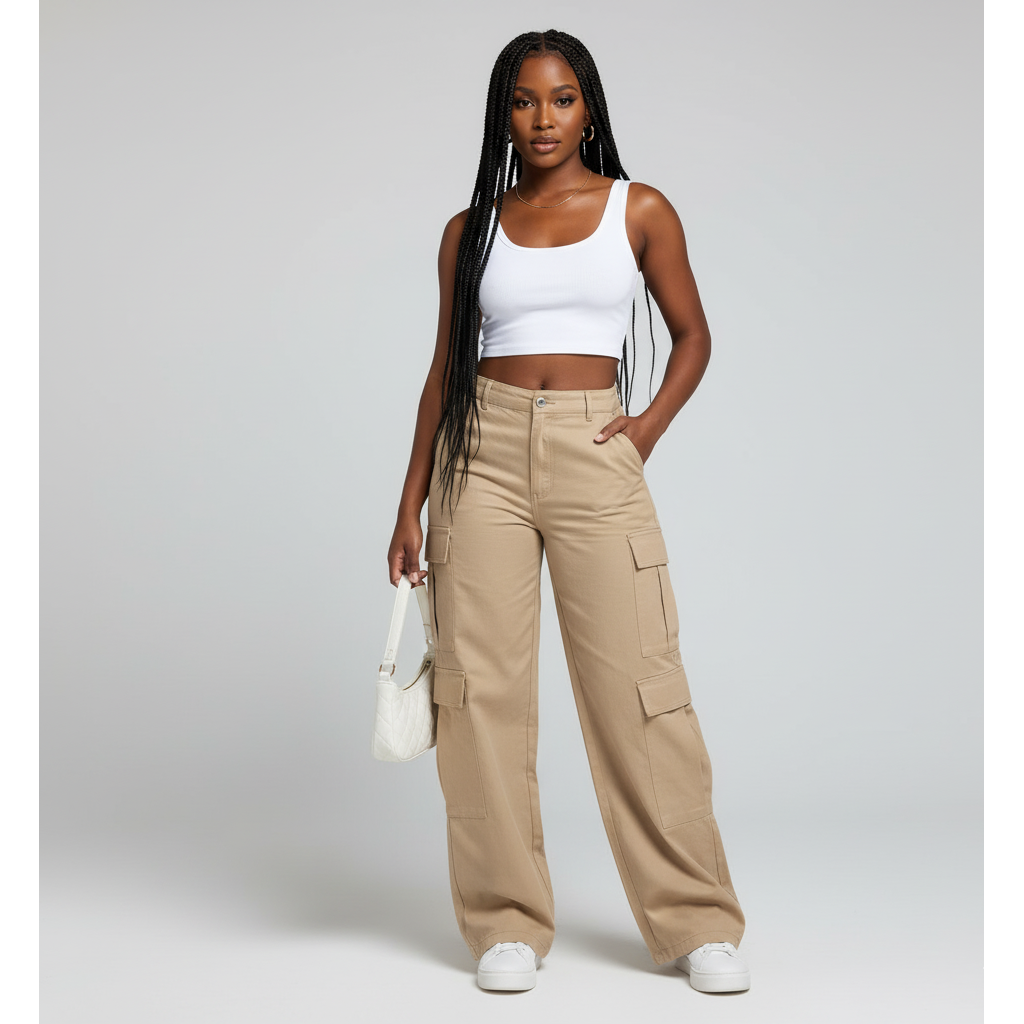 Woman wearing a white tank top and beige cargo pants on a gray background