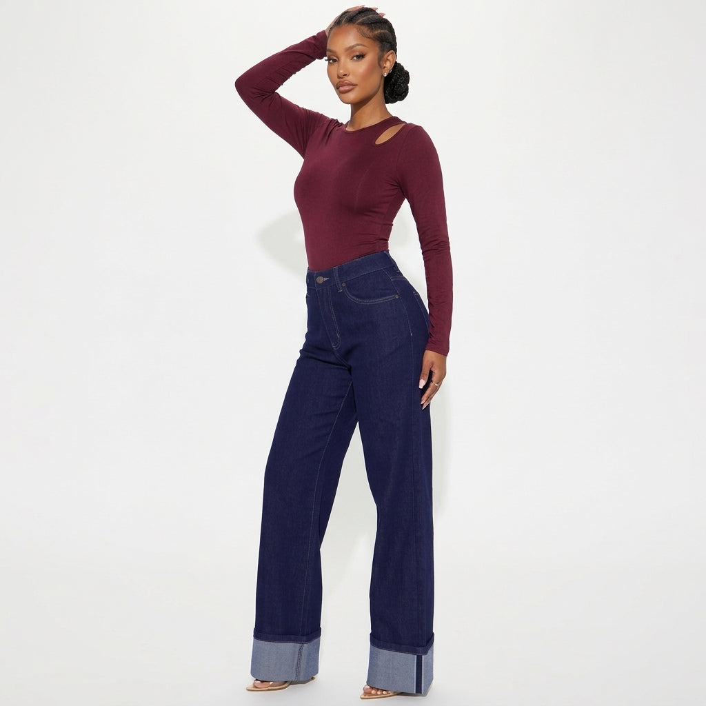 Women's High-Waisted Wide-Leg Jeans with Turned-Up Cuffs