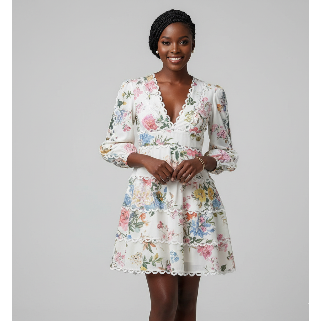 Woman wearing a floral dress on a gray background