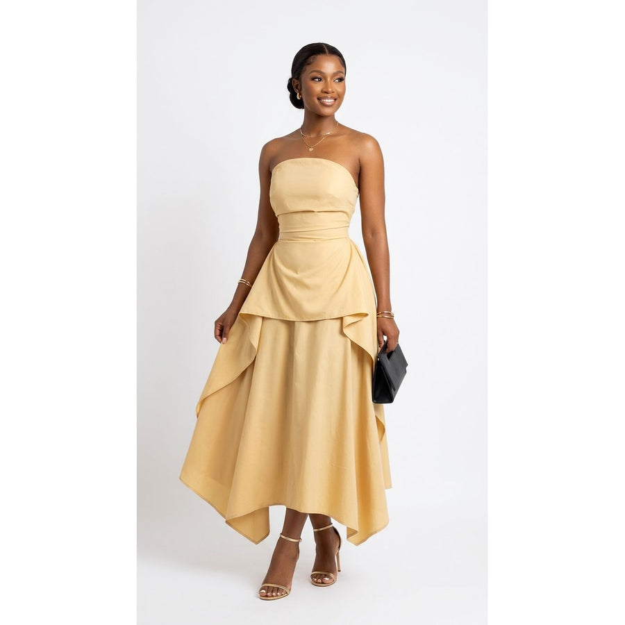 Strapless Peplum Maxi Dress with Asymmetric Hem