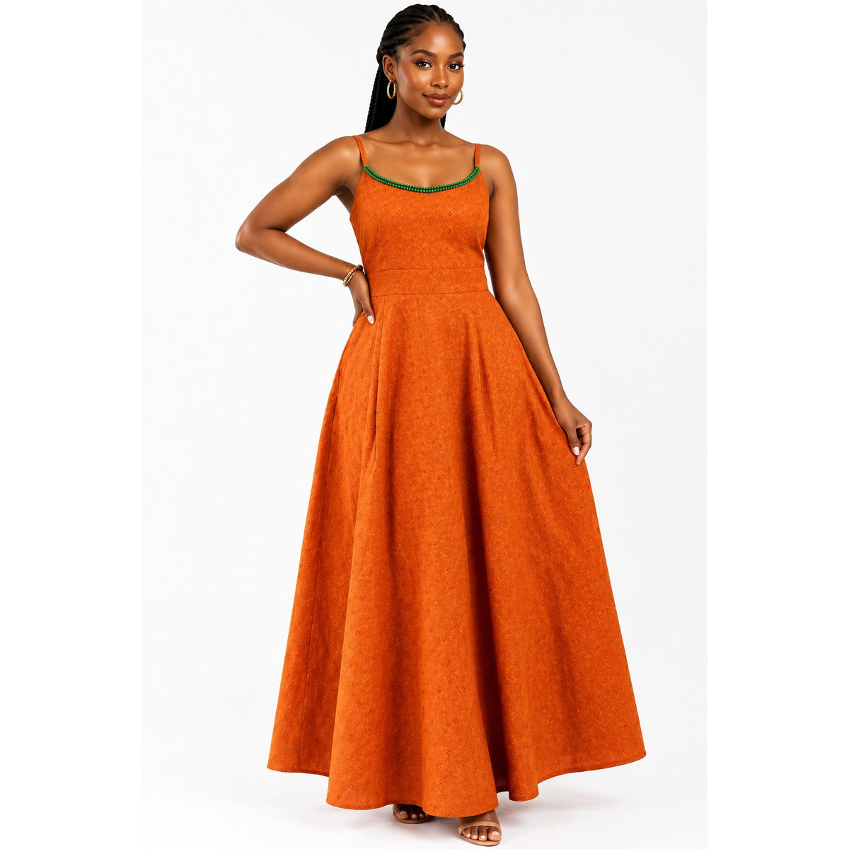 Burnt Orange Tie-Strap Pleated Maxi Dress