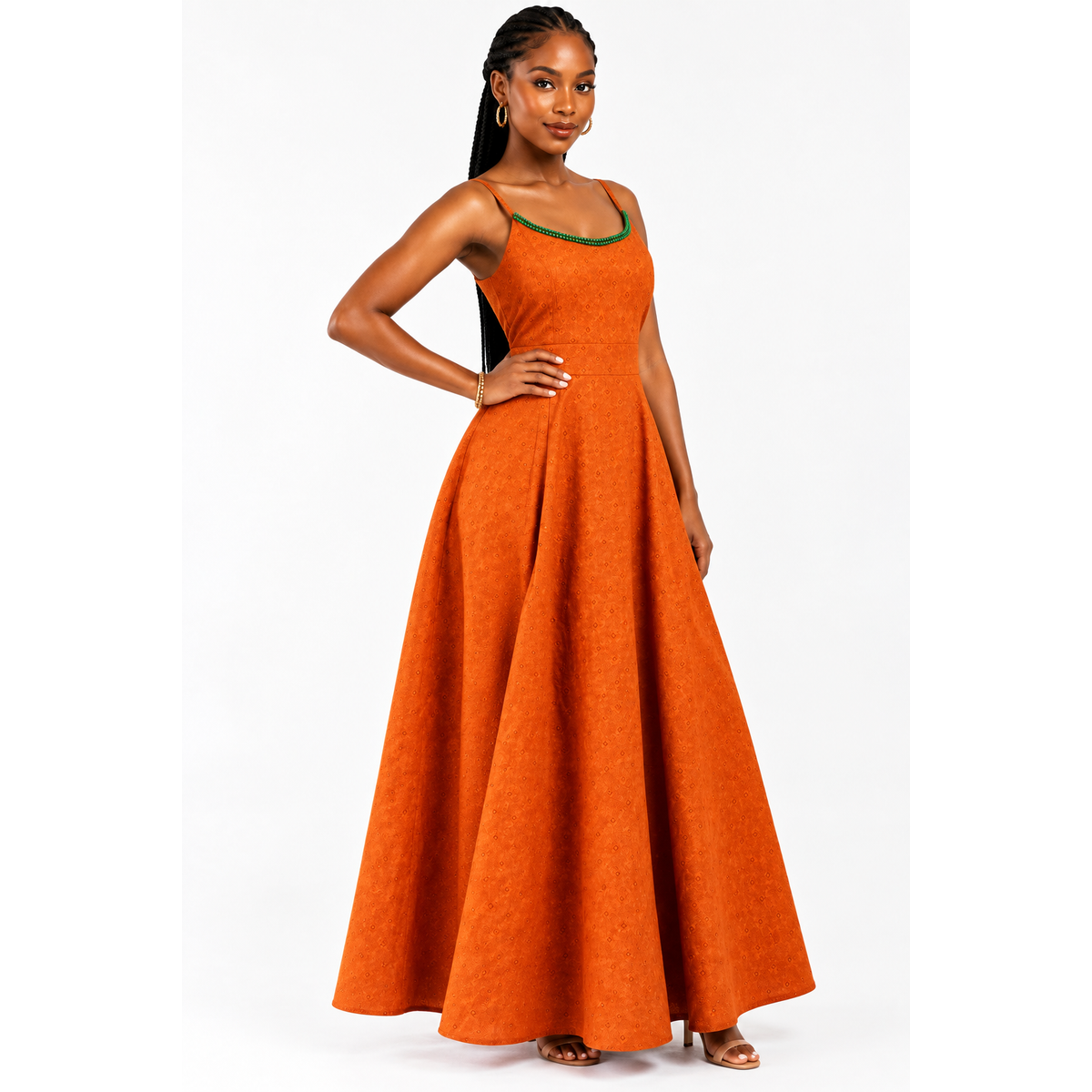 Burnt Orange Tie-Strap Pleated Maxi Dress