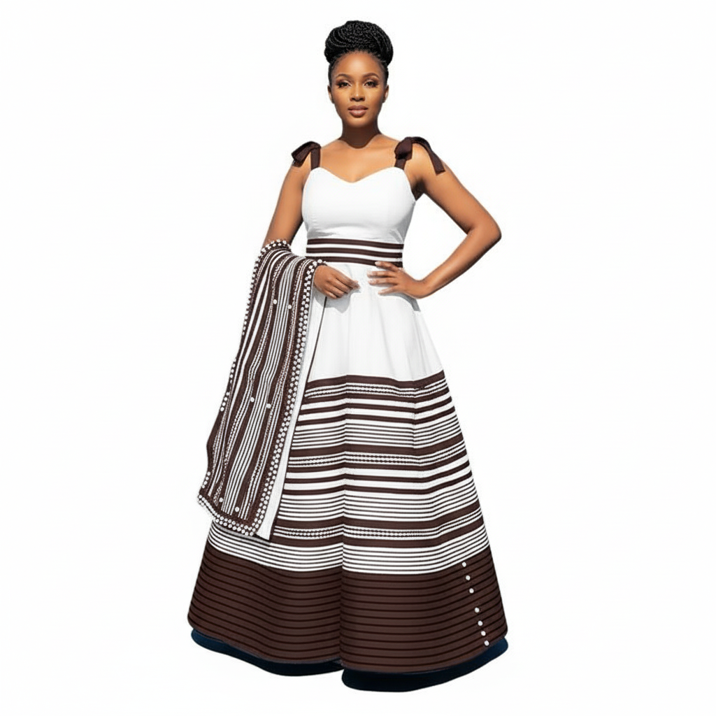 Woman wearing a white and brown dress with a patterned shawl on a white background