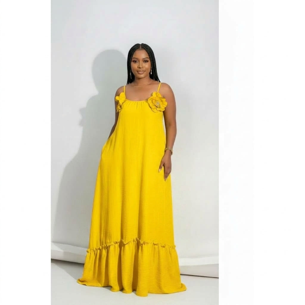 Women's Floral Appliqué Ruffle Hem Maxi Dress