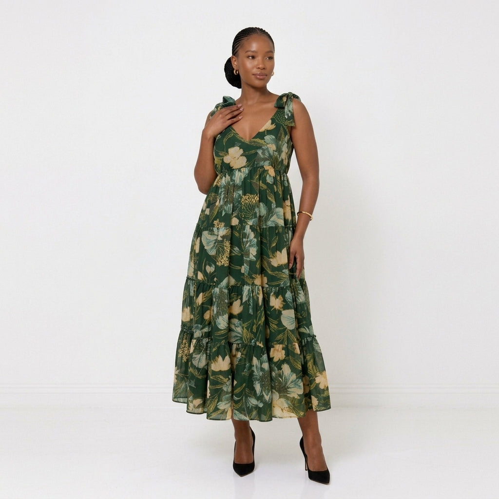Floral V-Neck Tiered Maxi Dress with Tie Straps