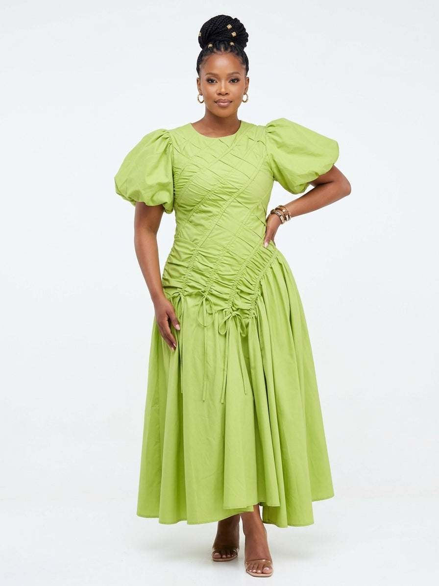 Puff Sleeve Maxi Dress with Asymmetric Drawstring Waist