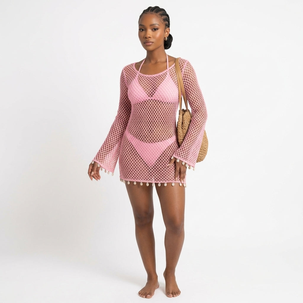Sheer Lace Beach Cover-Up & Bra Top Mini 3-Piece Set