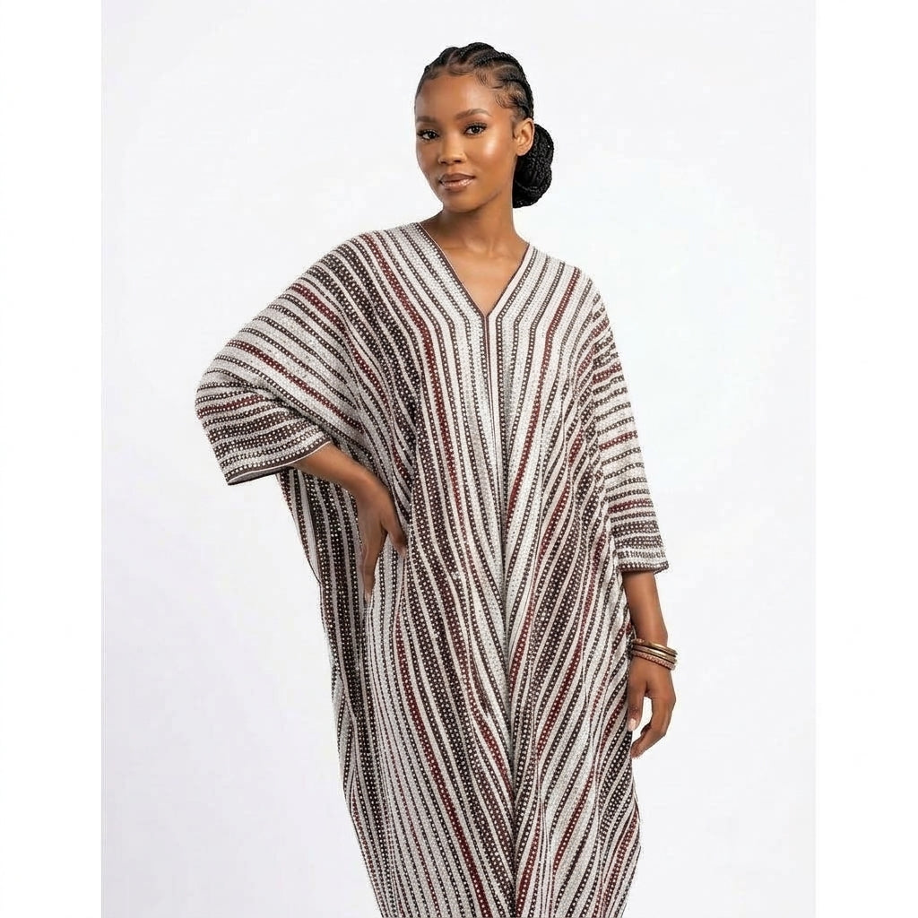 Silver-Embellished Striped V-Neck Maxi Kaftan Dress