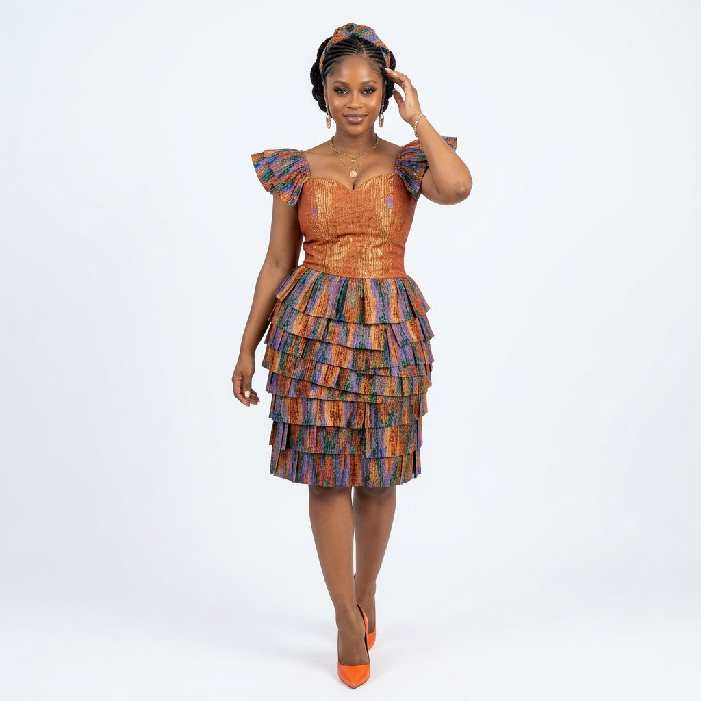 African Print Ruffle Sleeve Tiered Traditional Midi Dress