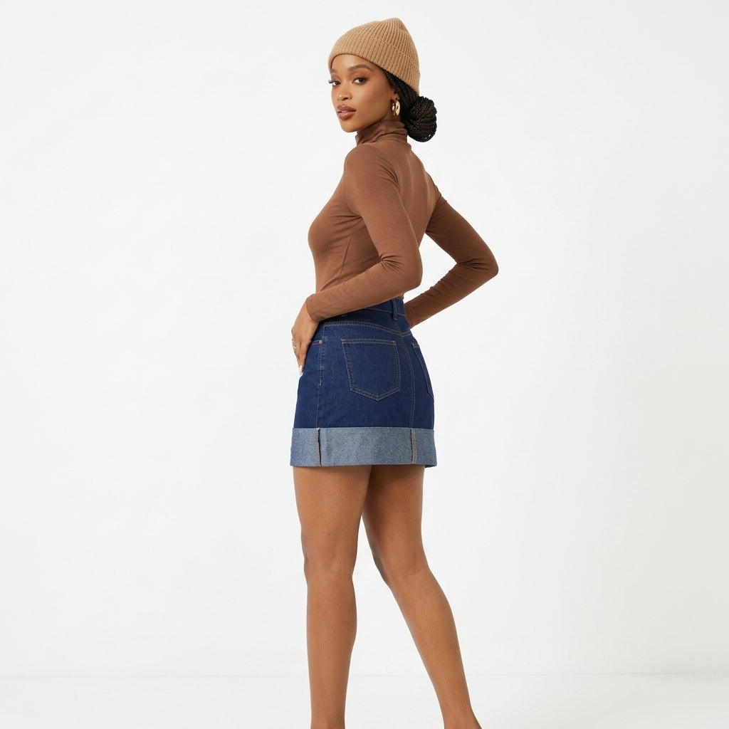 Dark Blue Denim Mini Skirt with Turn-Up Hem