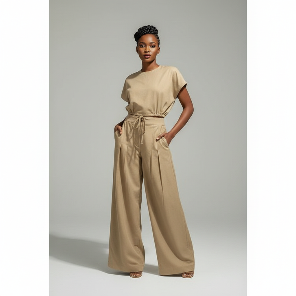 Drawstring Pants Crop Top Linen Set