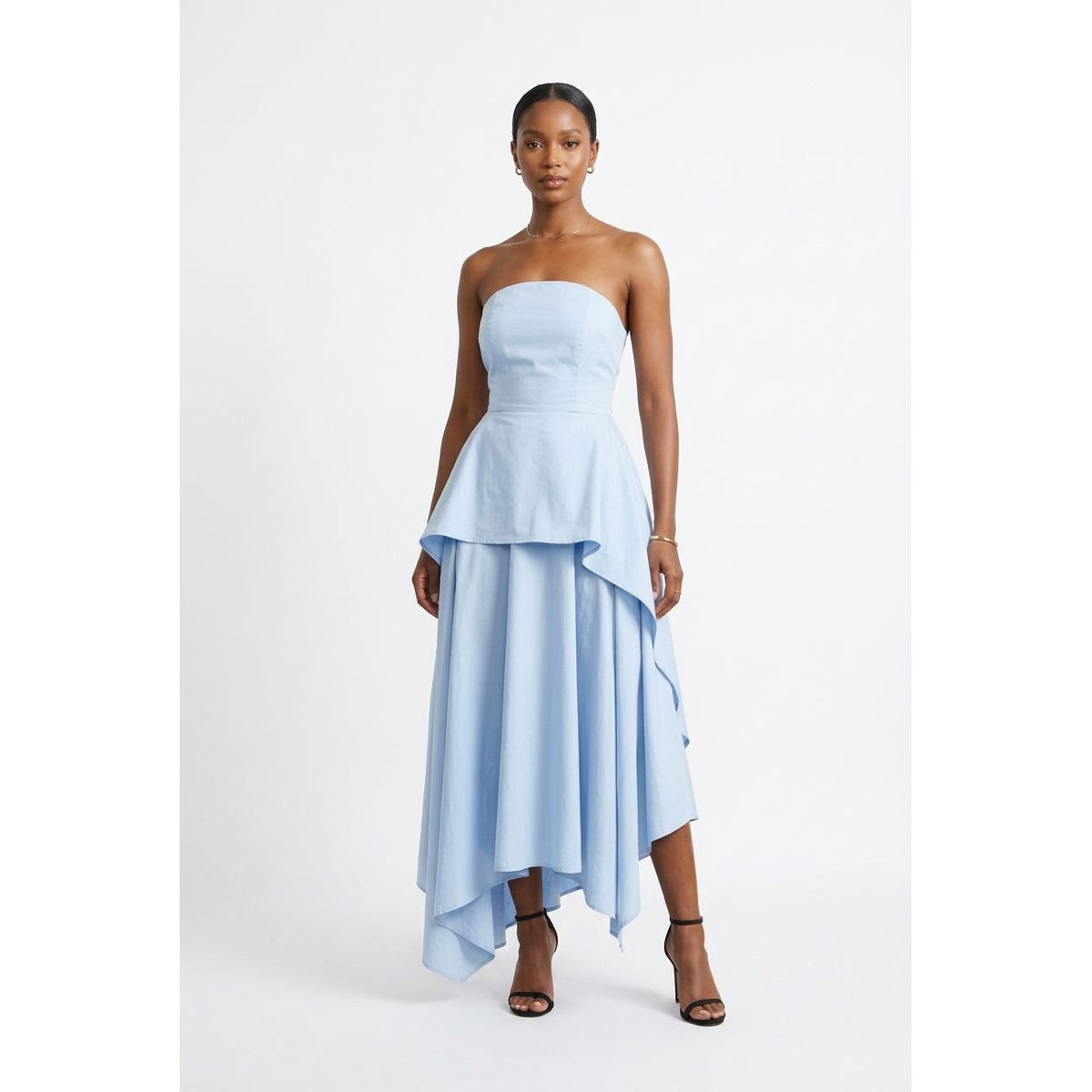 Strapless Peplum Maxi Dress with Asymmetric Hem