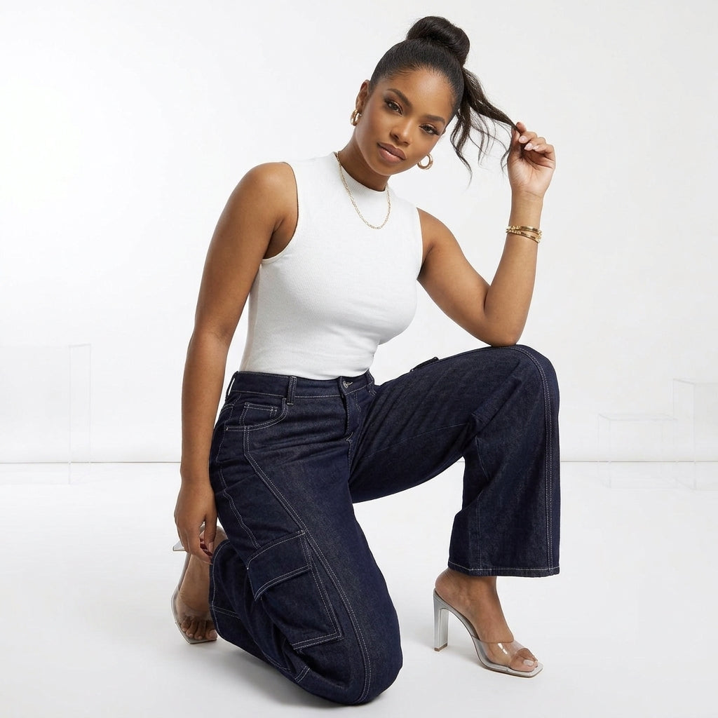 High-Waisted Wide-Leg Cargo Jeans with Contrast Stitching