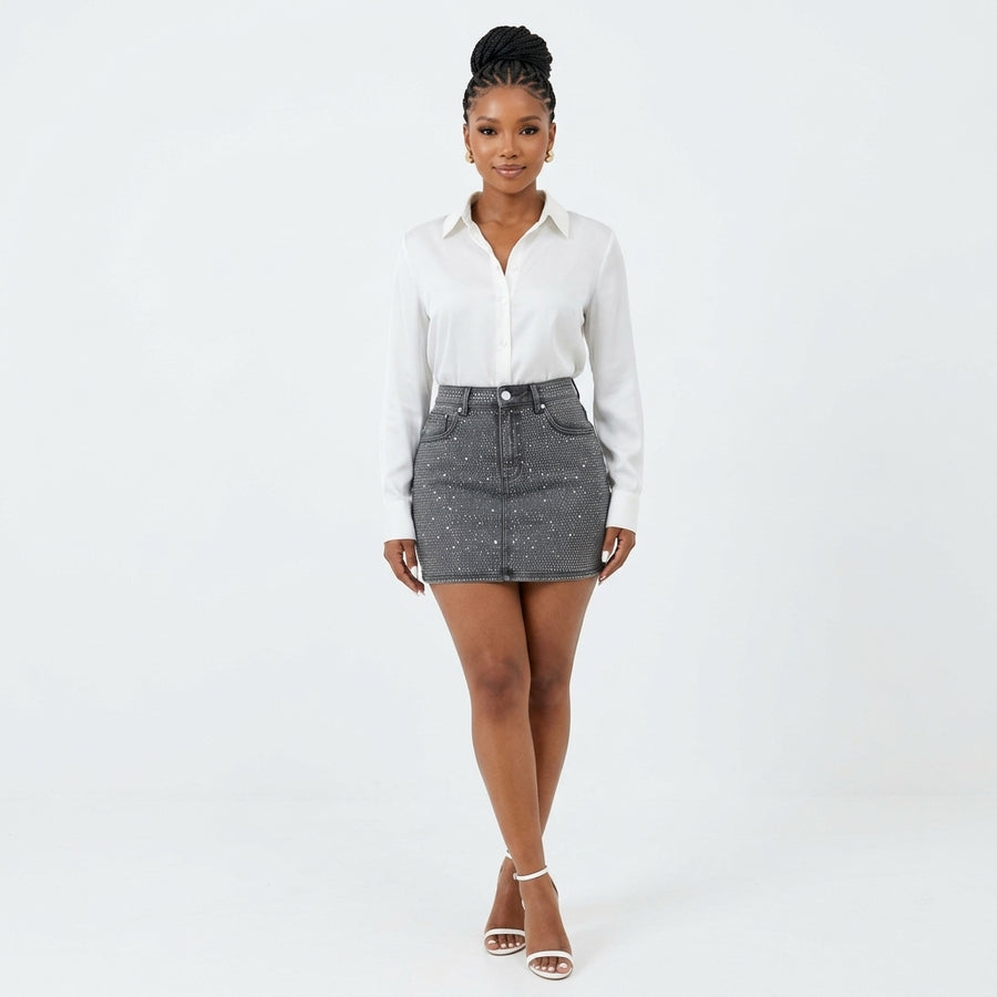 Grey Rhinestone-Embellished Denim Mini Skirt